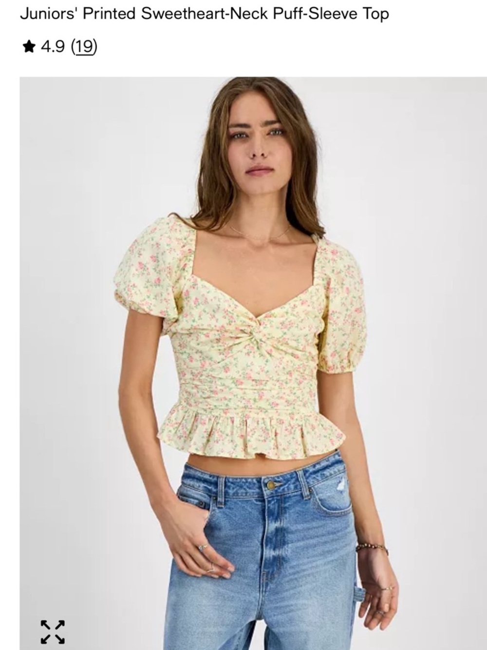 Sweetheart-Neck Puff-Sleeve Yellow Floral Printed Top NWT Size L